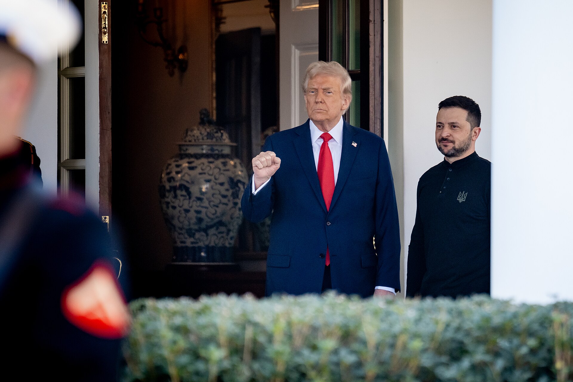 President Donald Trump greets President Volodymyr Zelenskyy of Ukraine, Friday, February 28, 2025, in the White House West Wing Lobby