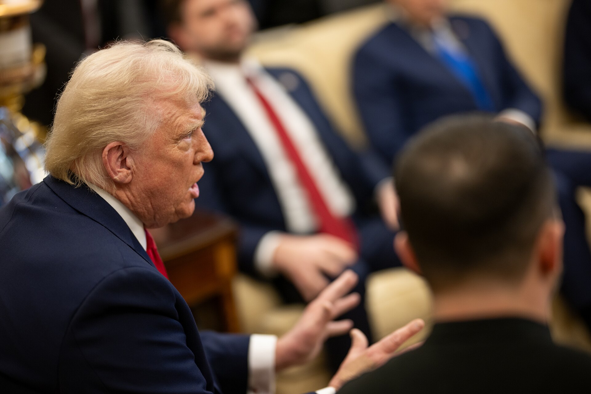 President Donald Trump talks to President Volodymyr Zelenskyy of Ukraine with JD Vance and Marco Rubio in the background on Friday, February 28, 2025 in the White House