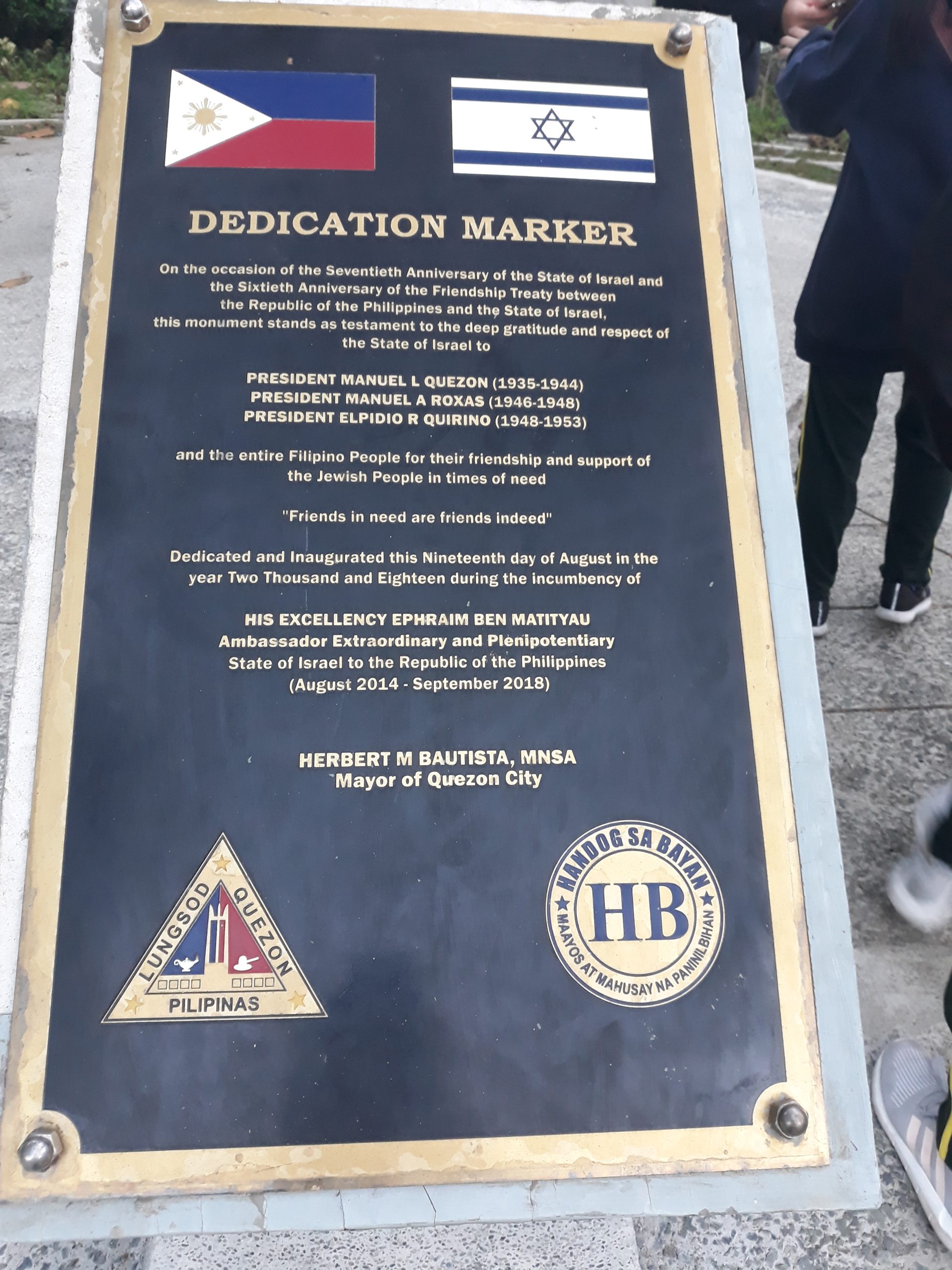 Philippines Israel friendship Dedication Marker in Quezon Memorial Circle