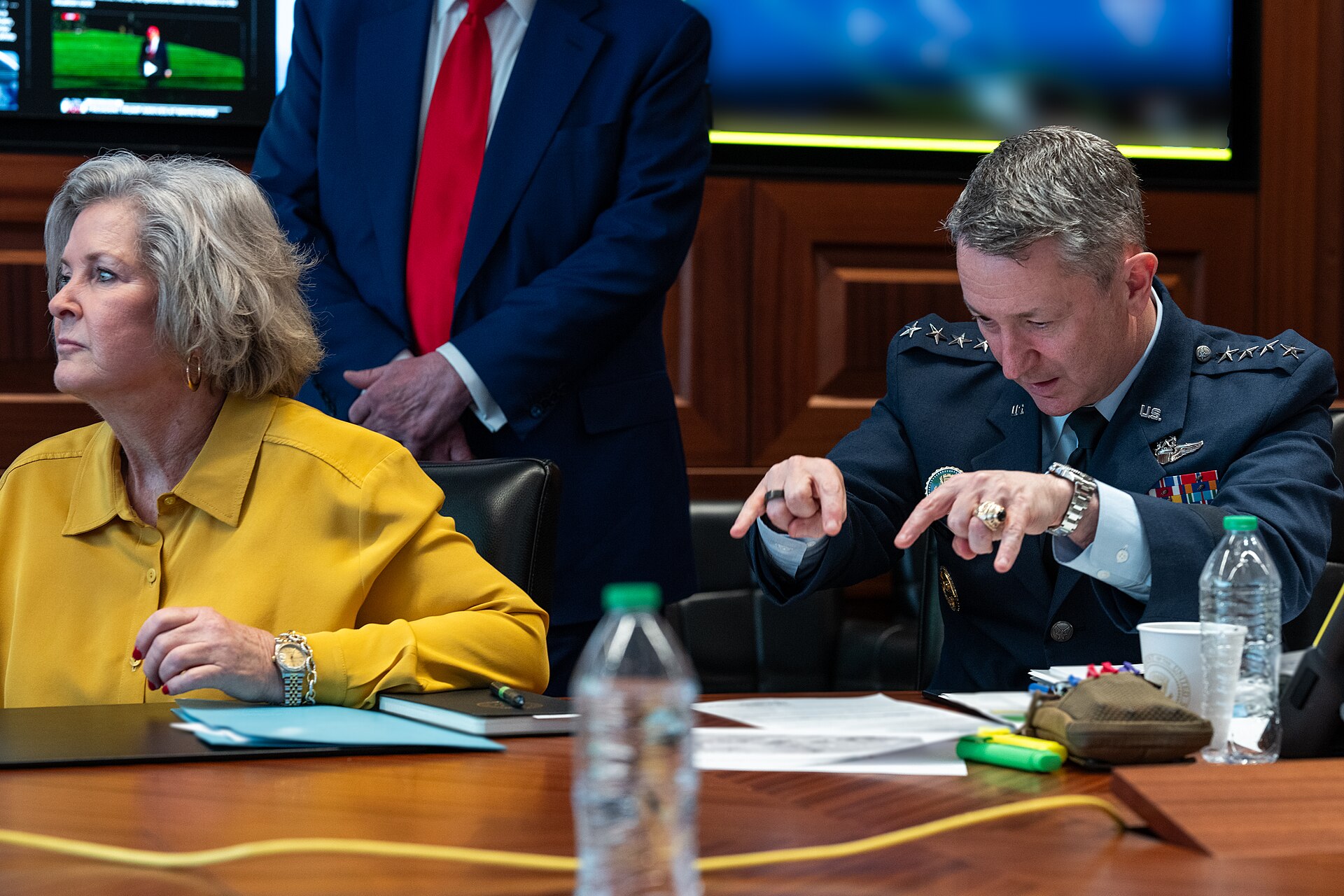 Chief of Staff Susie Wiles, President Donald Trump, and Chairman of the Joint Chiefs of Staff Dan Caine meet in the Situation Room of the White House (54609012708)
