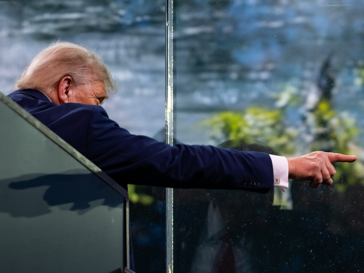 Donald Trump pointing at the 250th Anniversary of the U.S. Army Grand Parade on June 14, 2025, in Washington, D.C. (cropped)
