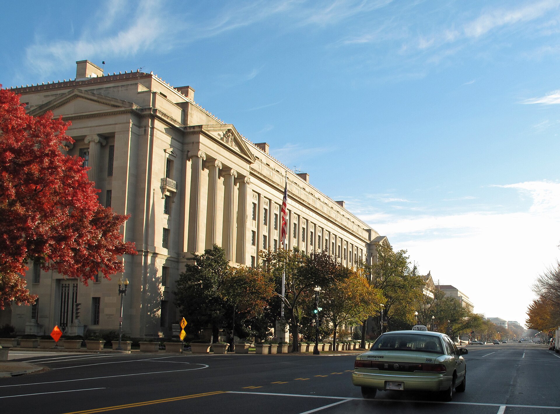 US Department of Justice building with road