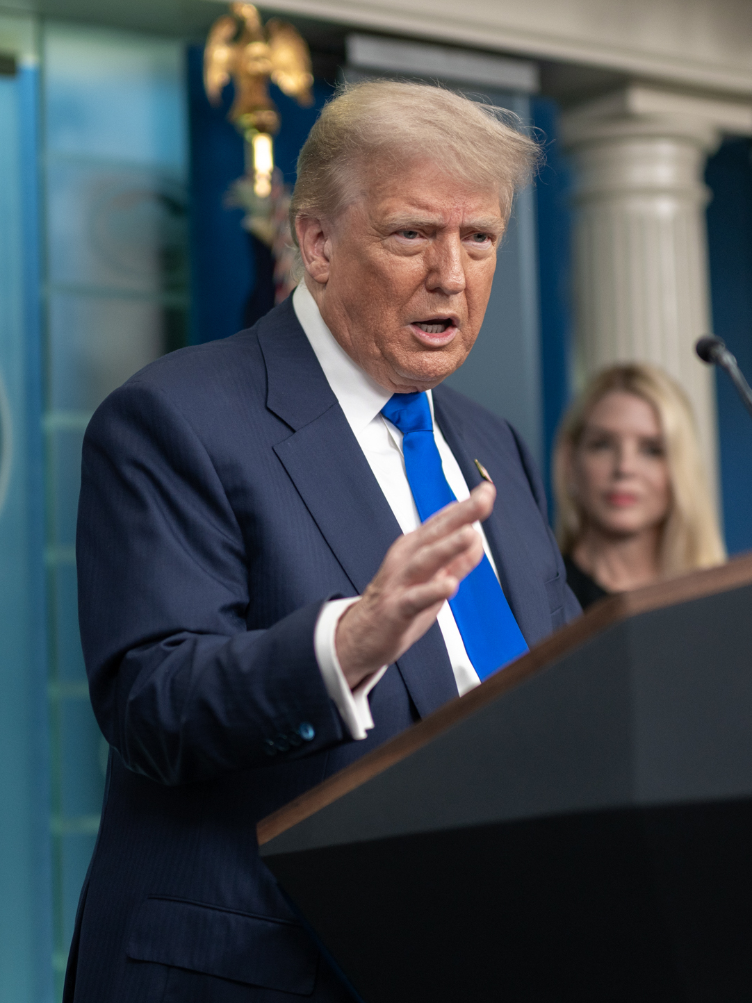 P20250627MR 0573 President Donald Trump holds a press conference with Attorney General Pam Bondi and Deputy Attorney General Todd Blanche in the James S. Brady Press Briefing Room (cropped)