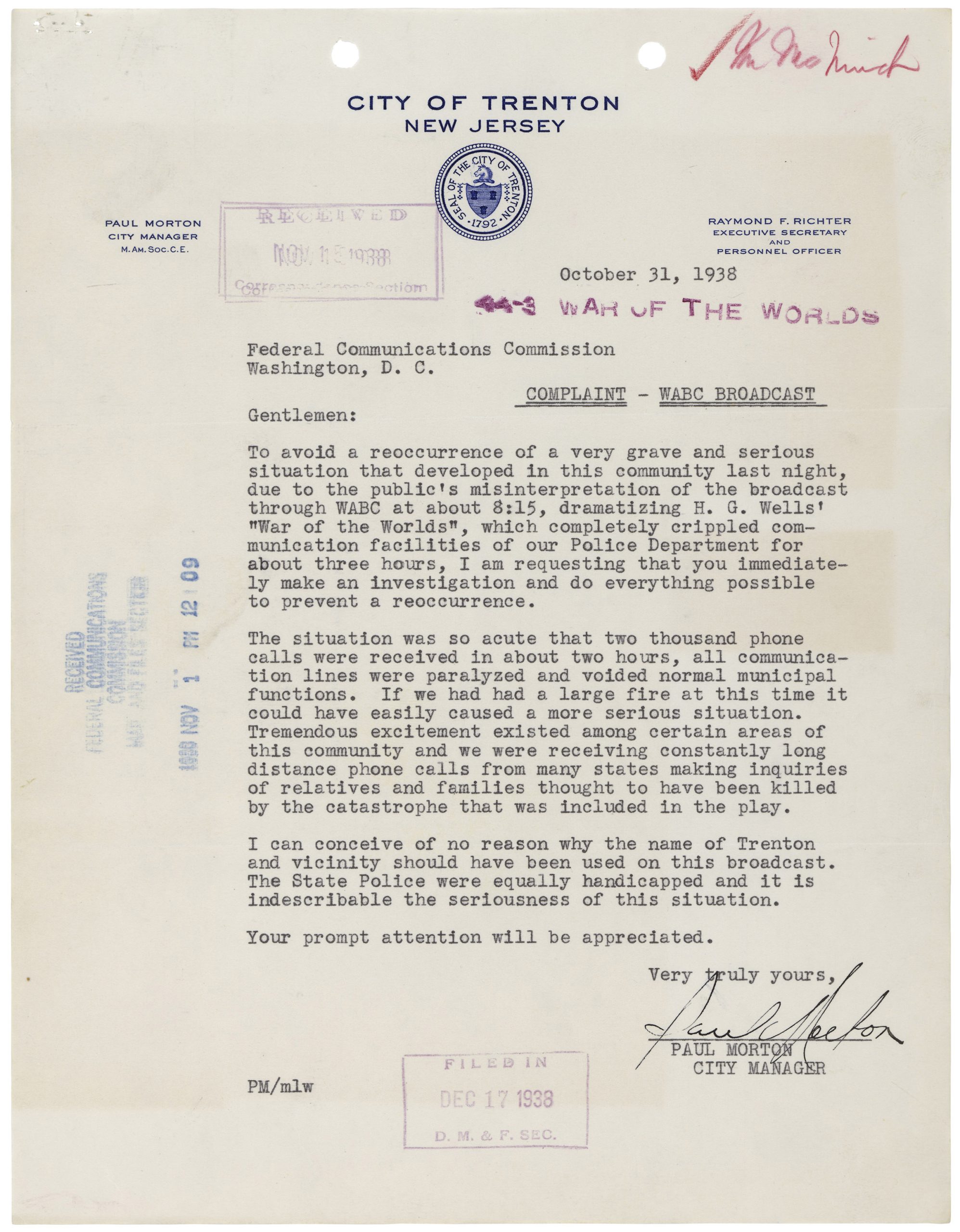 Letter from Paul Morton, 10/31/1938