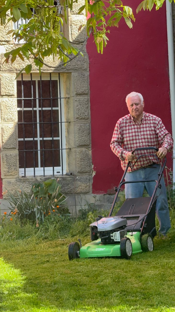 Senior man using a lawn mower in a sunny garden setting.