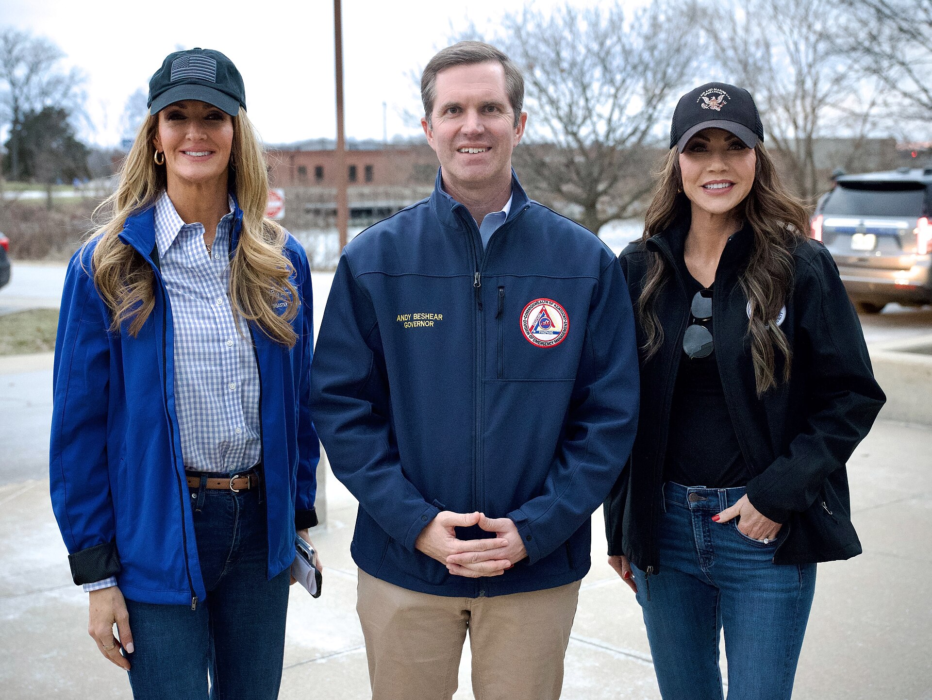 Kristi Noem and Kelly Loeffler visit Kentucky with Andy Beshear to survey the damage caused by catastrophic flooding and receive a briefing from the FEMA on disaster operations in Kentucky, February 26, 2025